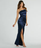 You'll be the best dressed in the Trina One-Shoulder Slim Satin Formal Dress as your fall formal dress with beautiful and unique details from Windsor.