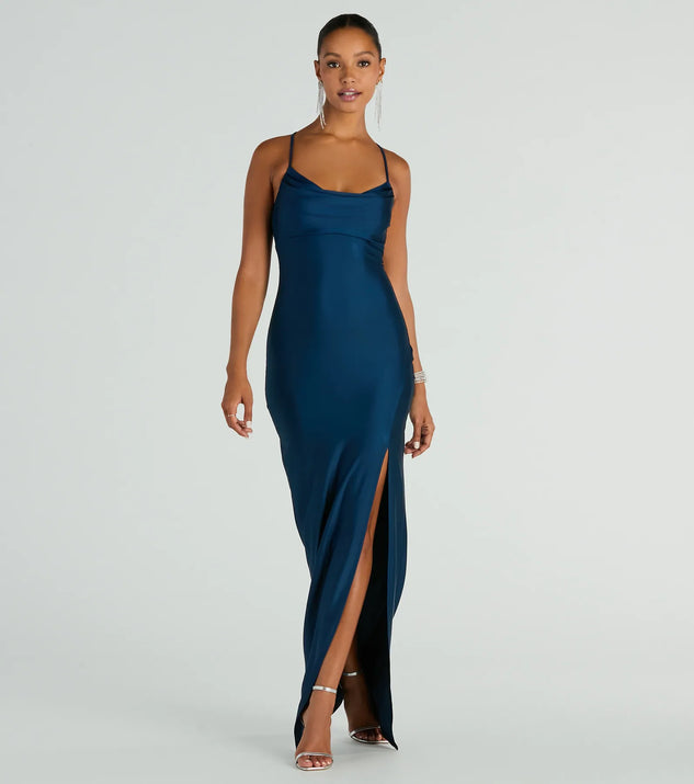 Natalie Cowl Neck Lace Up Slit Formal Dress Windsor