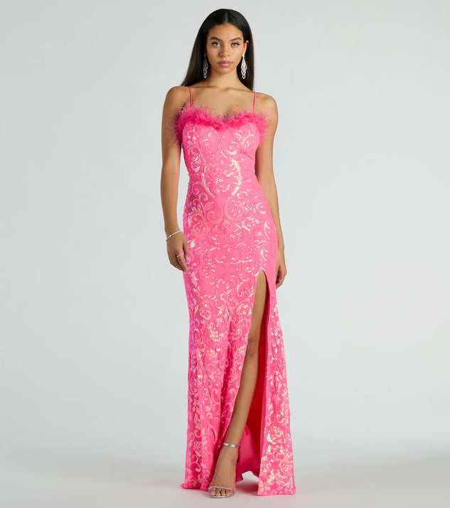 You'll be the best dressed in the Cara Marabou Trim Mermaid Slit Sequin Formal Dress as your summer formal dress with unique details from Windsor.