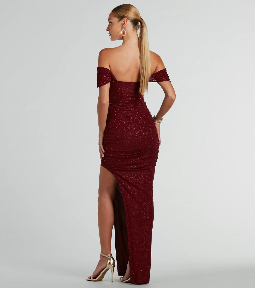 Kairi Off-The-Shoulder Glitter Mesh Formal Dress