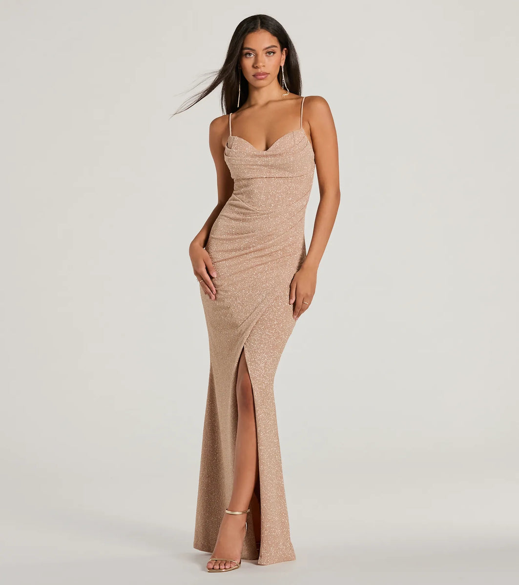 Mila Cowl Neck Wrap Slit Mermaid Glitter Formal Dress & Windsor