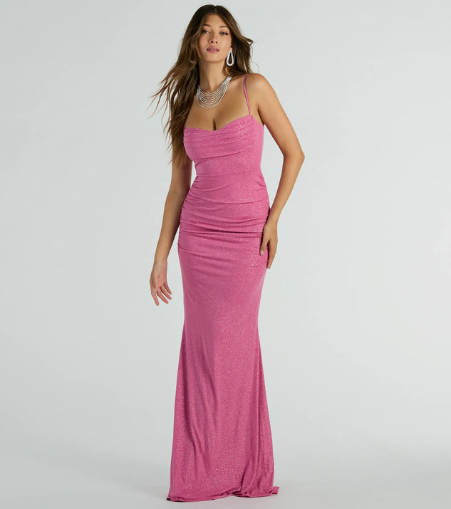 You'll be the best dressed in the Ayanna Formal Glitter Ruched Mermaid Long Dress as your summer formal dress with unique details from Windsor.