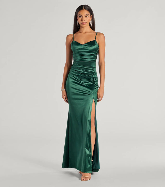 Kamari Satin Pleated High Slit Mermaid Dress Windsor
