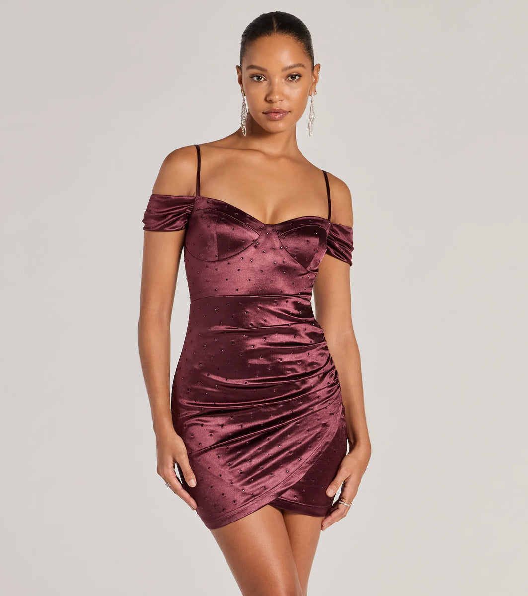 Luxe Cold-Shoulder Rhinestone Satin Mini Dress