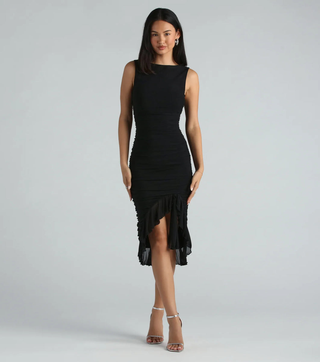 Casey Formal Mesh High Neck Ruffle Midi Dress