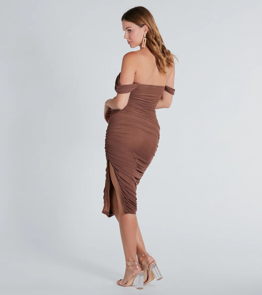 Can't Help It Mesh Off-The-Shoulder Midi Dress