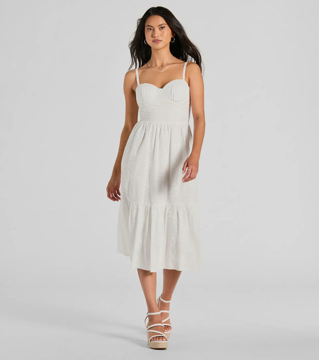 The midi dress length on the Playful Summer Sweetheart Ruffled Eyelet Midi Dress provides an elevated silhouette perfect for any party, occasion, or everyday styling.