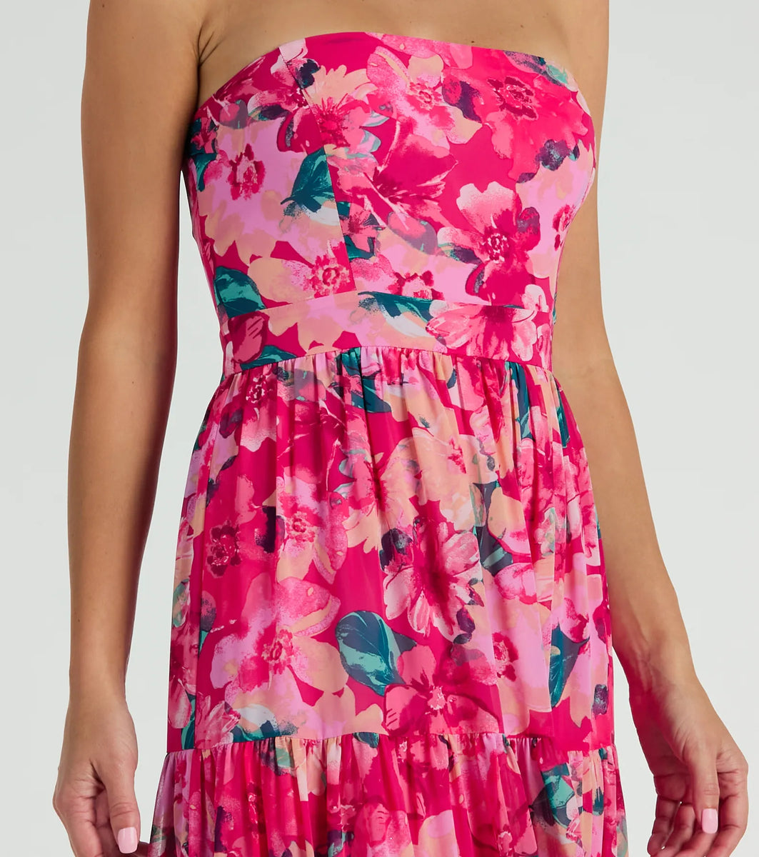 Radiate Romantic Vibes Strapless Floral Chiffon Maxi Dress & Windsor