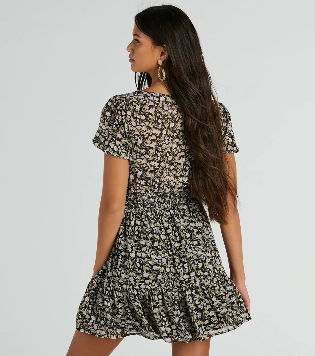 Favorite Fleur V-Neck Floral Chiffon Skater Dress