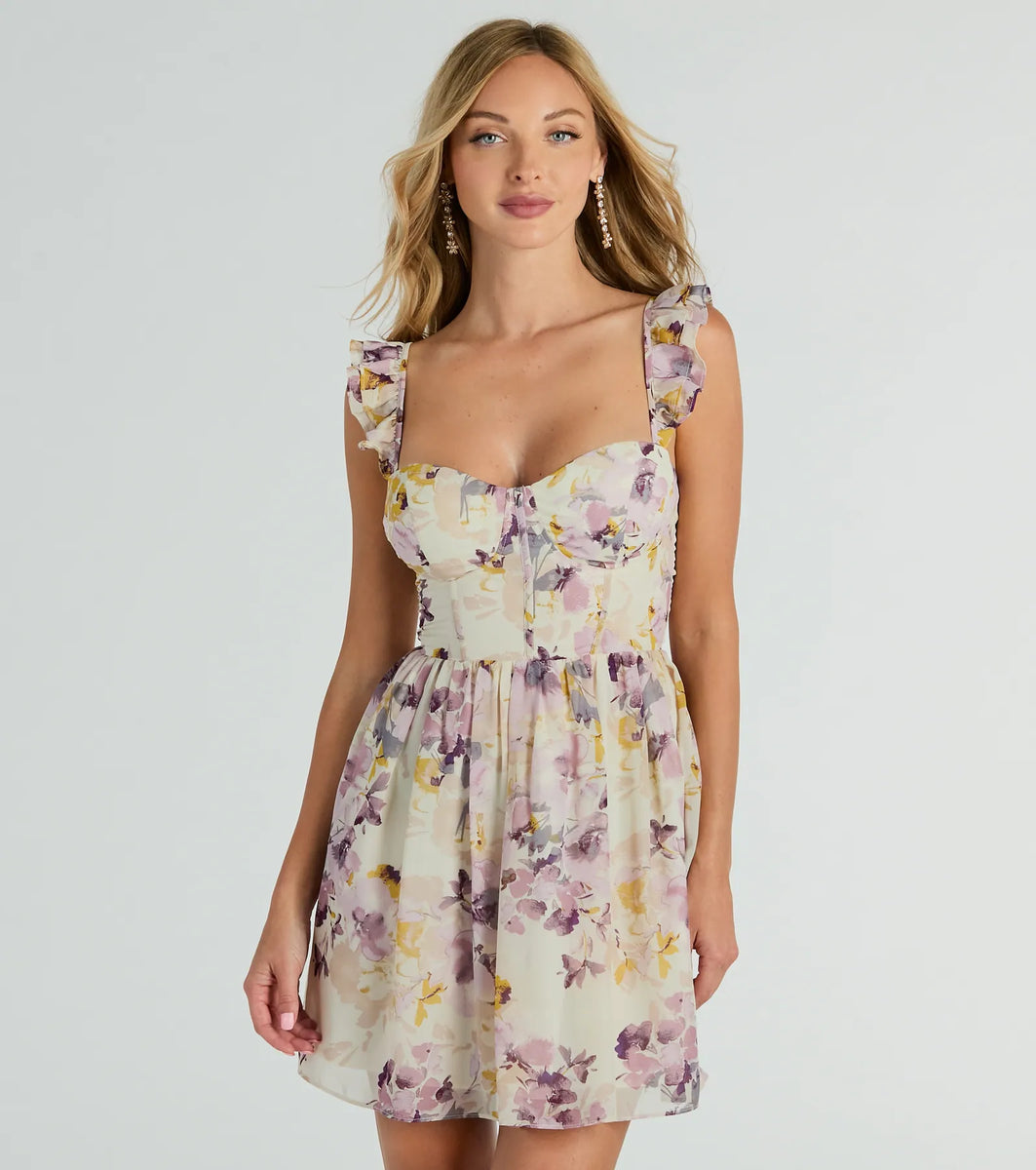 Always Bloom Corset Lace-Up Floral Skater Dress