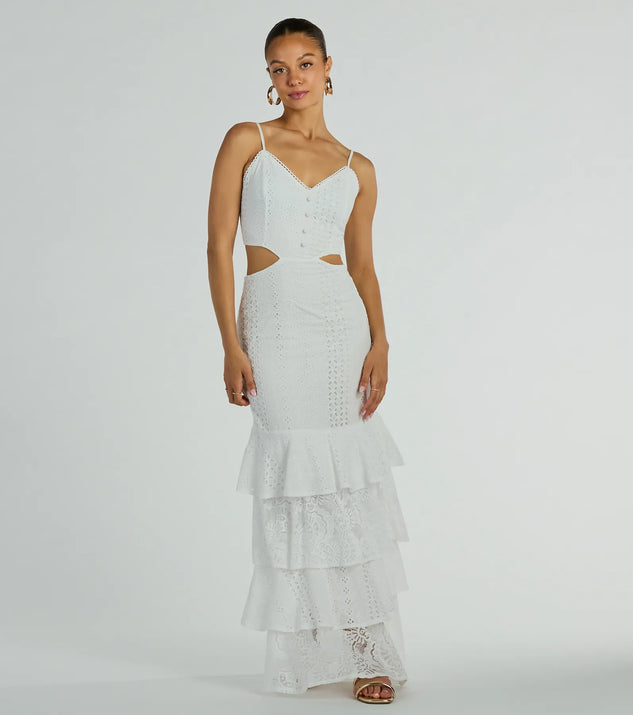 Essential for vacations or summer days, the Free Flowing Cutie V-Neck Ruffle Eyelet Maxi Dress is a sundress or milkmaid dress with sleek and flirty details.