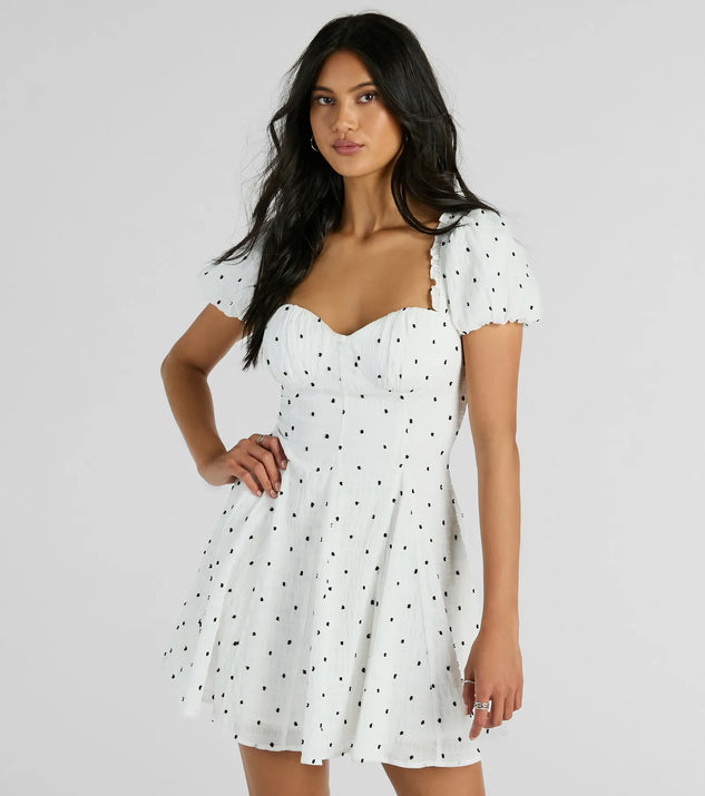 Essential for vacations or summer days, the Charmed And Cute Polka Dot Chiffon Skater Dress is a sundress or milkmaid dress with sleek and flirty details.