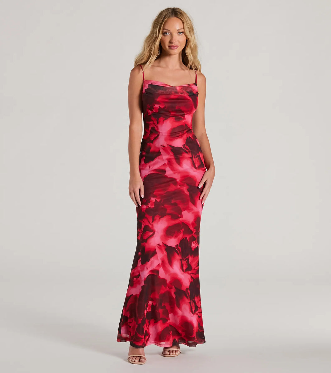 Catch Attention Cowl Neck Abstract Floral Maxi Dress & Windsor