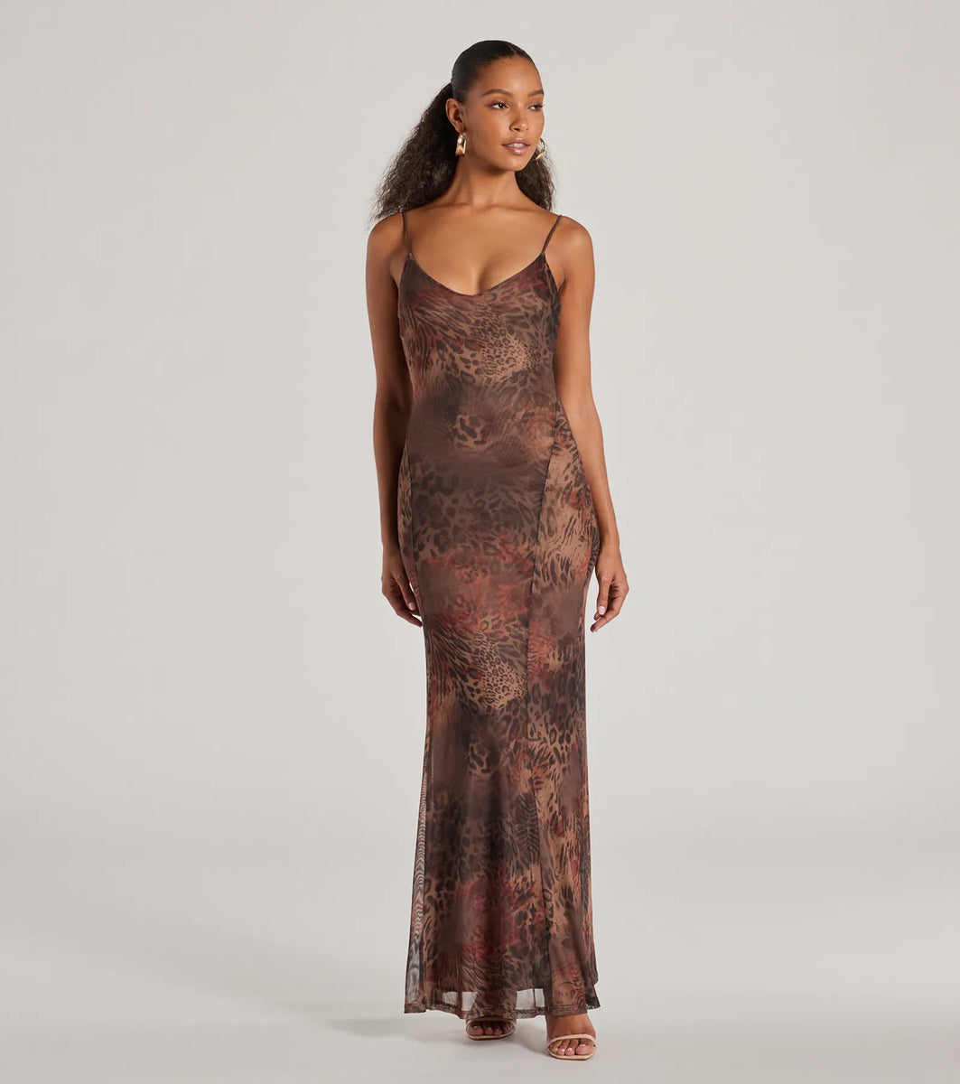 Fierce Allure Leopard Print Mesh Maxi Dress