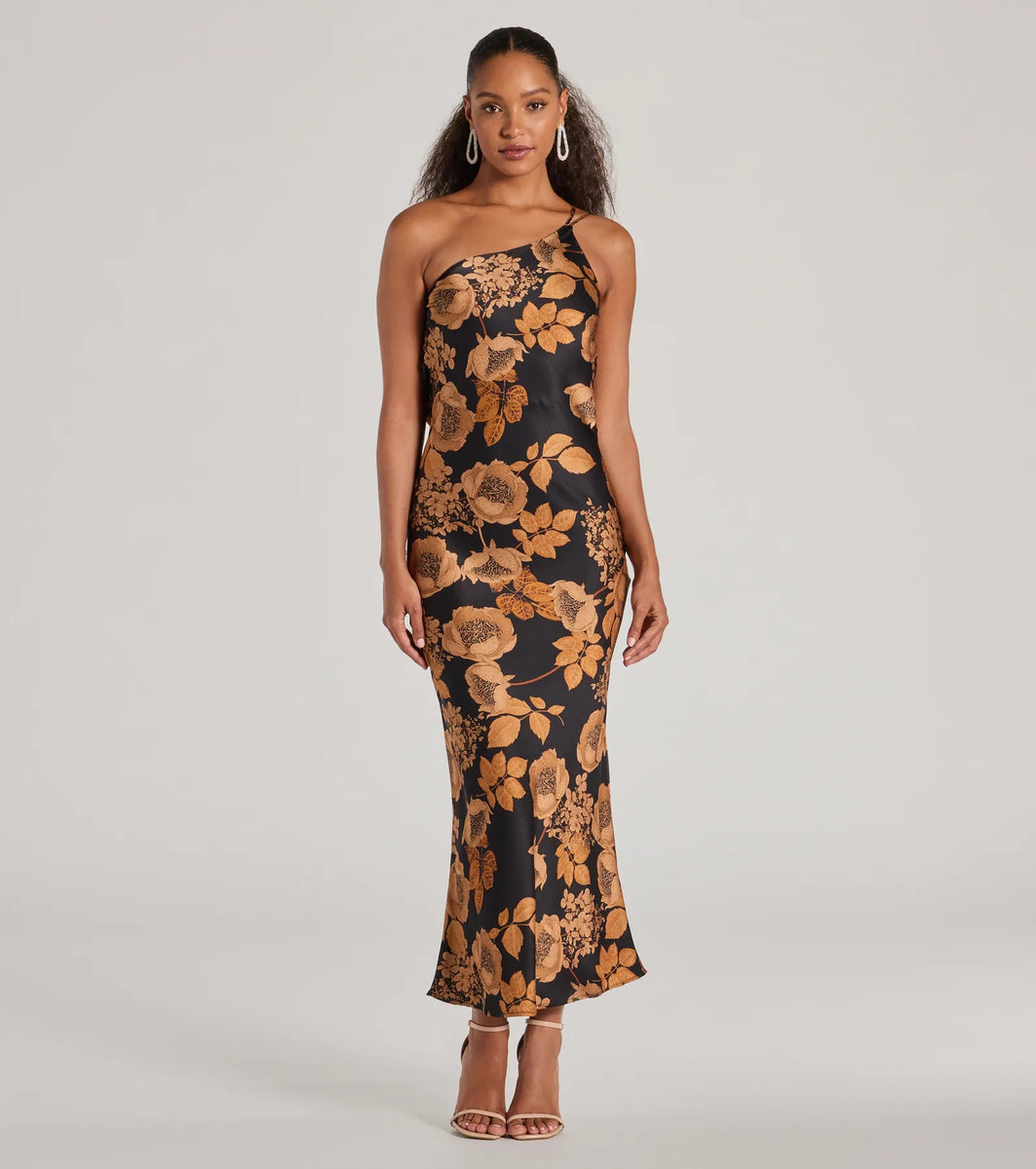 Sensational Sultry One-Shoulder Floral Satin Maxi Dress & Windsor