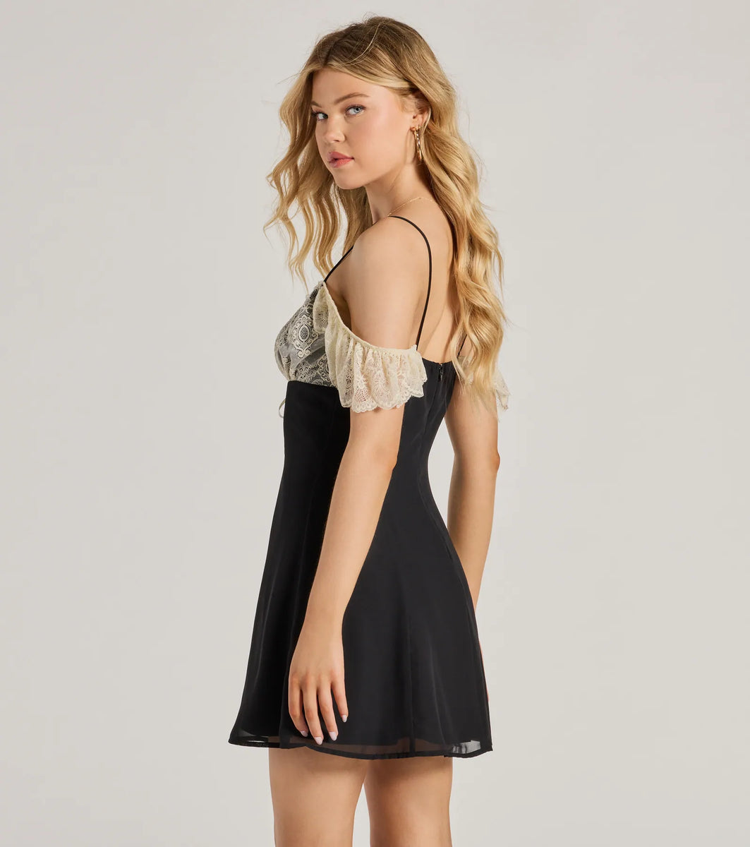 Charmed Success Lace Cold Shoulder A-Line Mini Dress