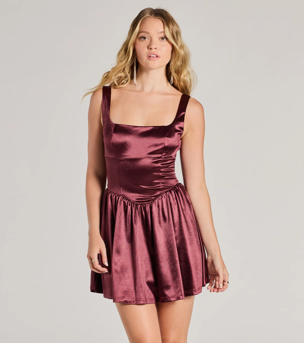 Captivating Charm Sleeveless Tie Back Satin Skater Dress