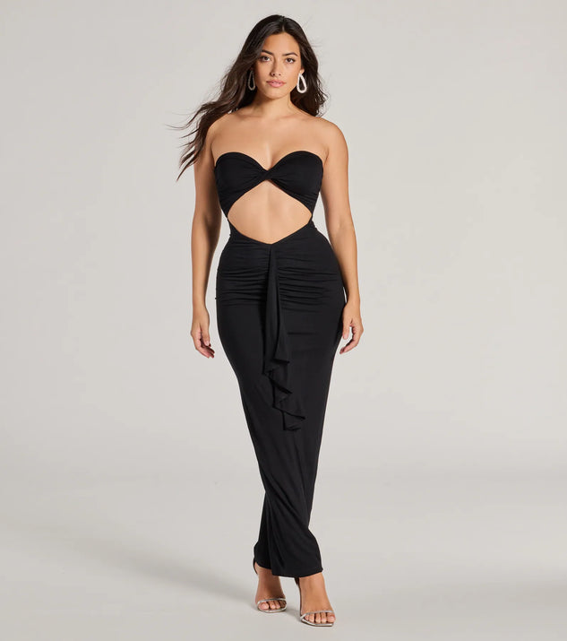 The Perfect Always Strapless Cutout Ruffle Maxi Dress is a casual dress for more than special occasions with a fitted or flowy silhouette and accents in the most recent trends!