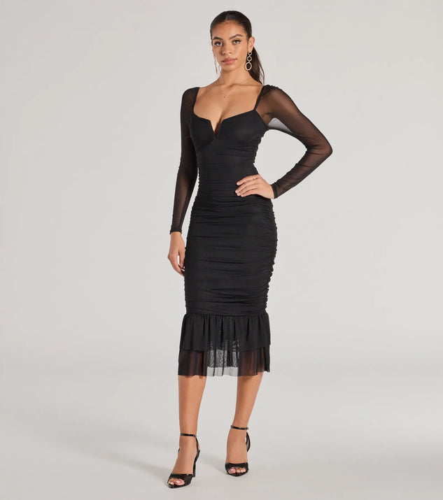 Elegant Ruched And Ruffled Mesh Midi Dress Windsor