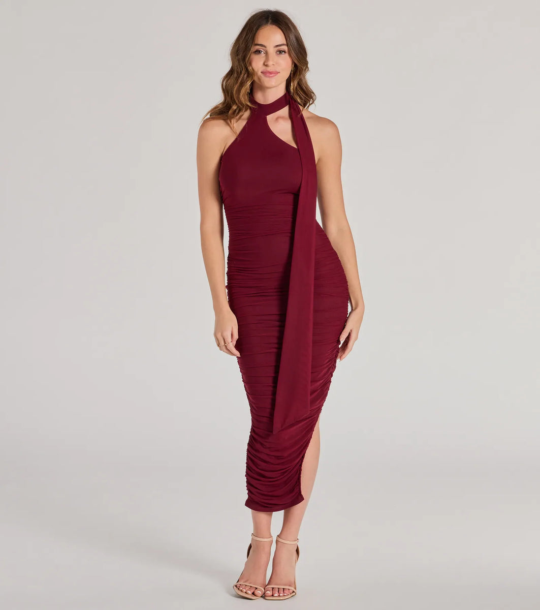 Total Allure Mock Neck Side Slit Midi Dress