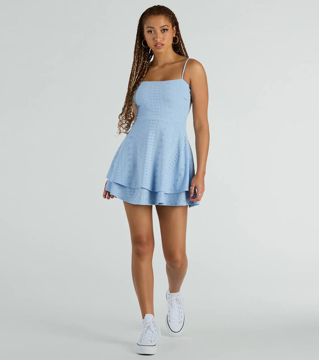 Essential for vacations or summer days, the Pretty Vibes Eyelet Knit Layered Skater Dress is a sundress or milkmaid dress with sleek and flirty details.