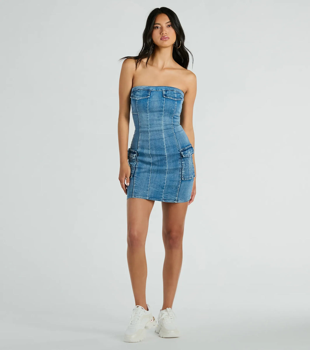 Trendy Girl Next Door Strapless Denim Mini Dress