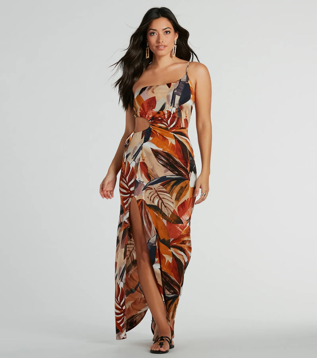 Pretty Paradise One-Shoulder Tropical Maxi Dress