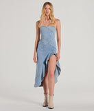 Essential for vacations or summer days, the Admiring Style Strapless Ruffle High Low Denim Dress is a sundress or milkmaid dress with sleek and flirty details.