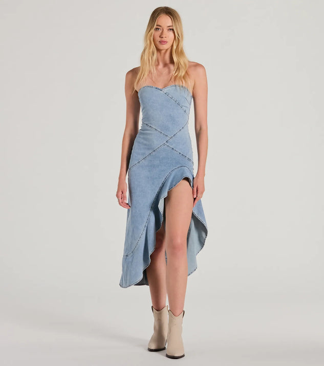 Essential for vacations or summer days, the Admiring Style Strapless Ruffle High Low Denim Dress is a sundress or milkmaid dress with sleek and flirty details.