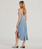 Essential for vacations or summer days, the Admiring Style Strapless Ruffle High Low Denim Dress is a sundress or milkmaid dress with sleek and flirty details.