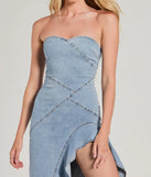 Essential for vacations or summer days, the Admiring Style Strapless Ruffle High Low Denim Dress is a sundress or milkmaid dress with sleek and flirty details.