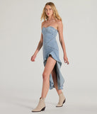 Essential for vacations or summer days, the Admiring Style Strapless Ruffle High Low Denim Dress is a sundress or milkmaid dress with sleek and flirty details.