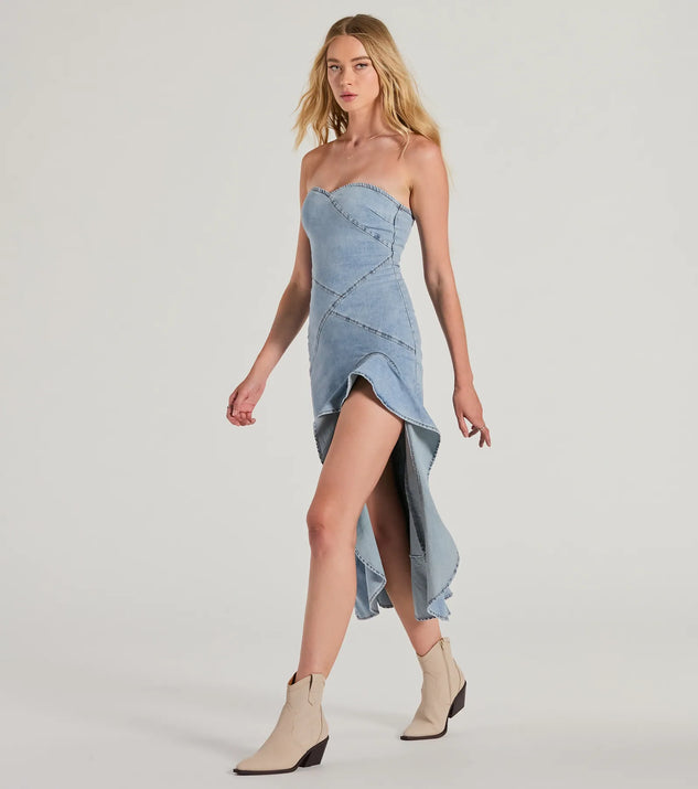 Admiring Style Strapless Ruffle High Low Denim Dress | Windsor