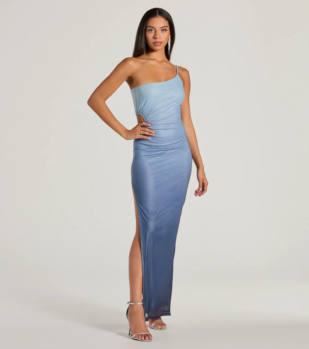 Special Stunner One-Shoulder Cutout Ombre Maxi Dress