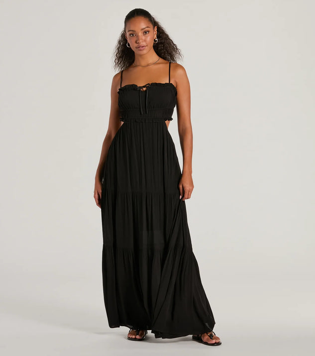 Essential for vacations or summer days, the Breezy Look Ruffled Cutout Woven Maxi Dress is a sundress or milkmaid dress with sleek and flirty details.