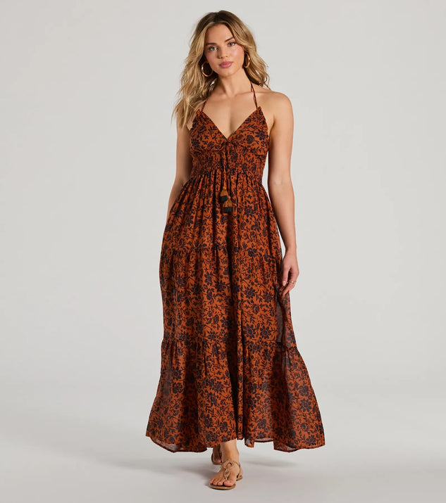 The Stunning One Halter V-Neck Ruffle Floral Maxi Dress is a casual dress for more than special occasions with a fitted or flowy silhouette and accents in the most recent trends!