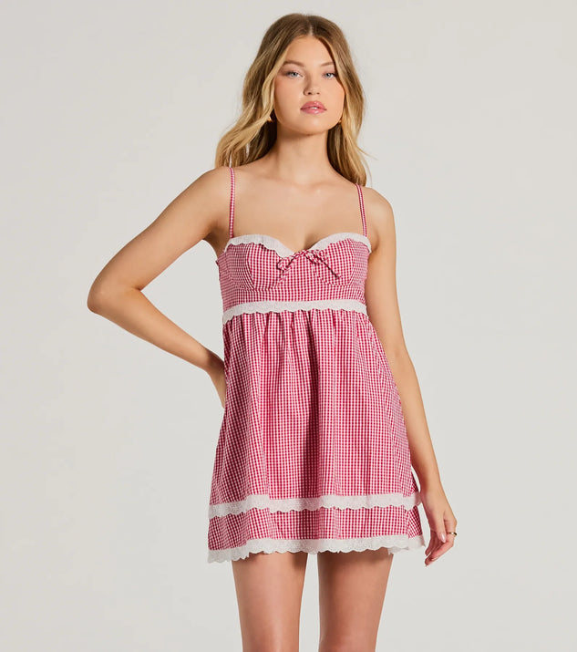 The Life's A Picnic Sweetheart Lace Gingham Mini Dress is a casual dress for more than special occasions with a fitted or flowy silhouette and accents in the most recent trends!