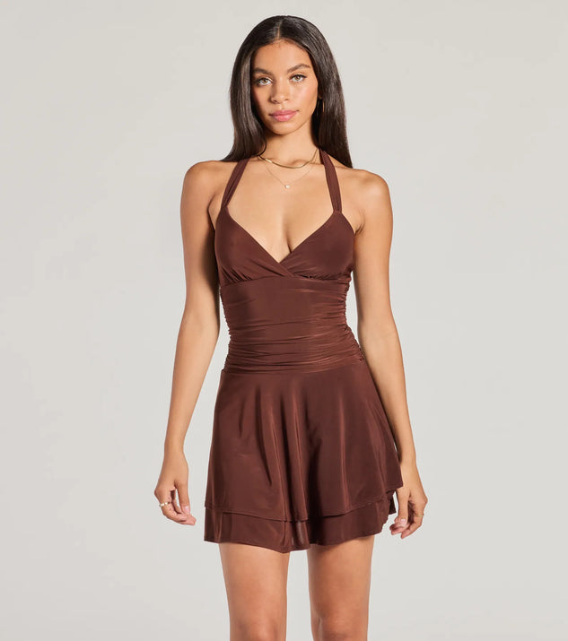 The Sassy Style Ruched Knit Halter Skater Dress is a mini dress that will make a statement with its short hemline and on-trend details to have you ready for any event!