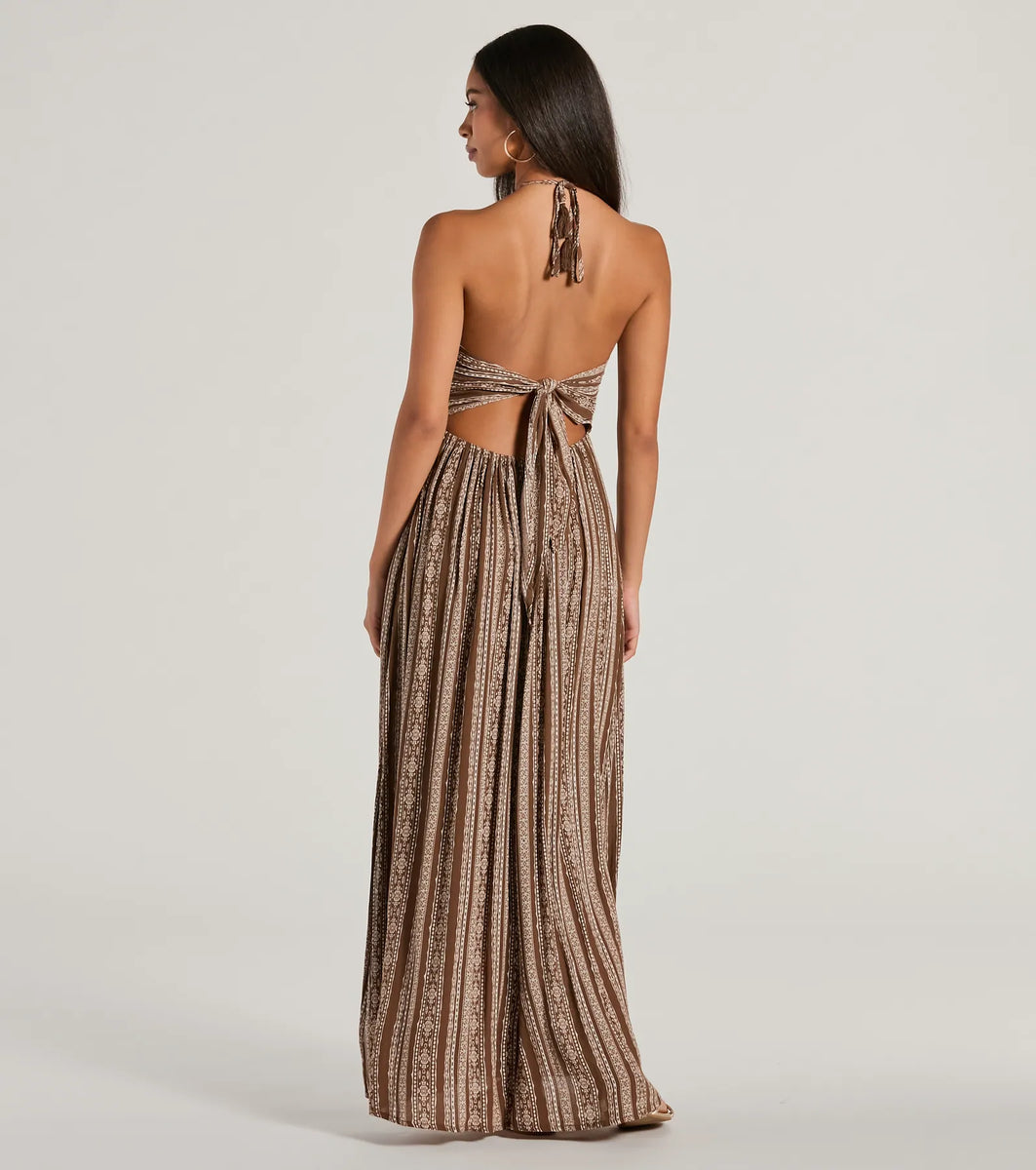 Bohemian-Chic Geometric Striped Halter Maxi Dress