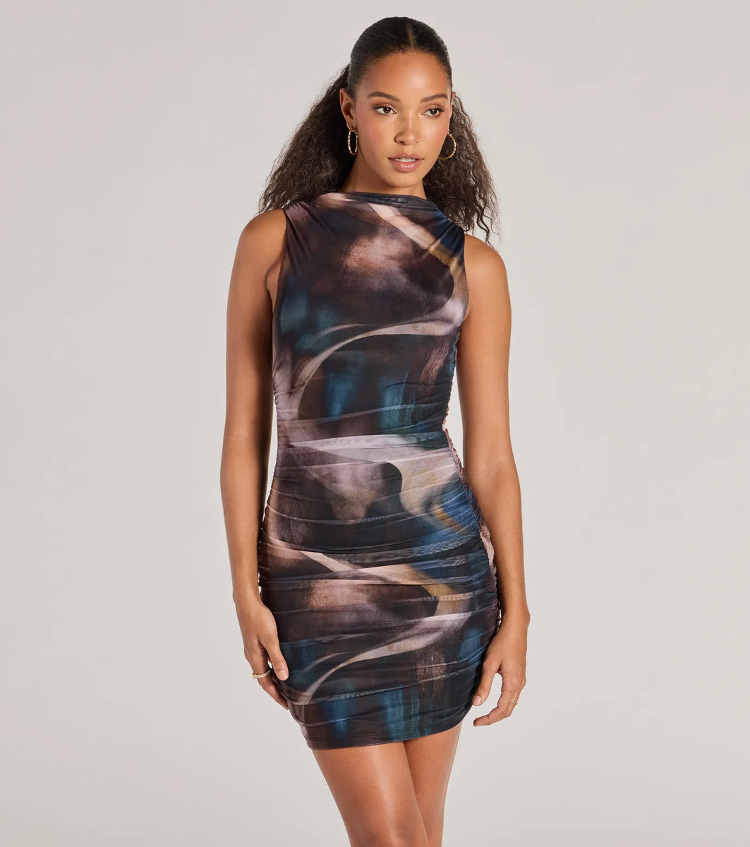 Artsy Nature Sleeveless Abstract Mesh Mini Dress