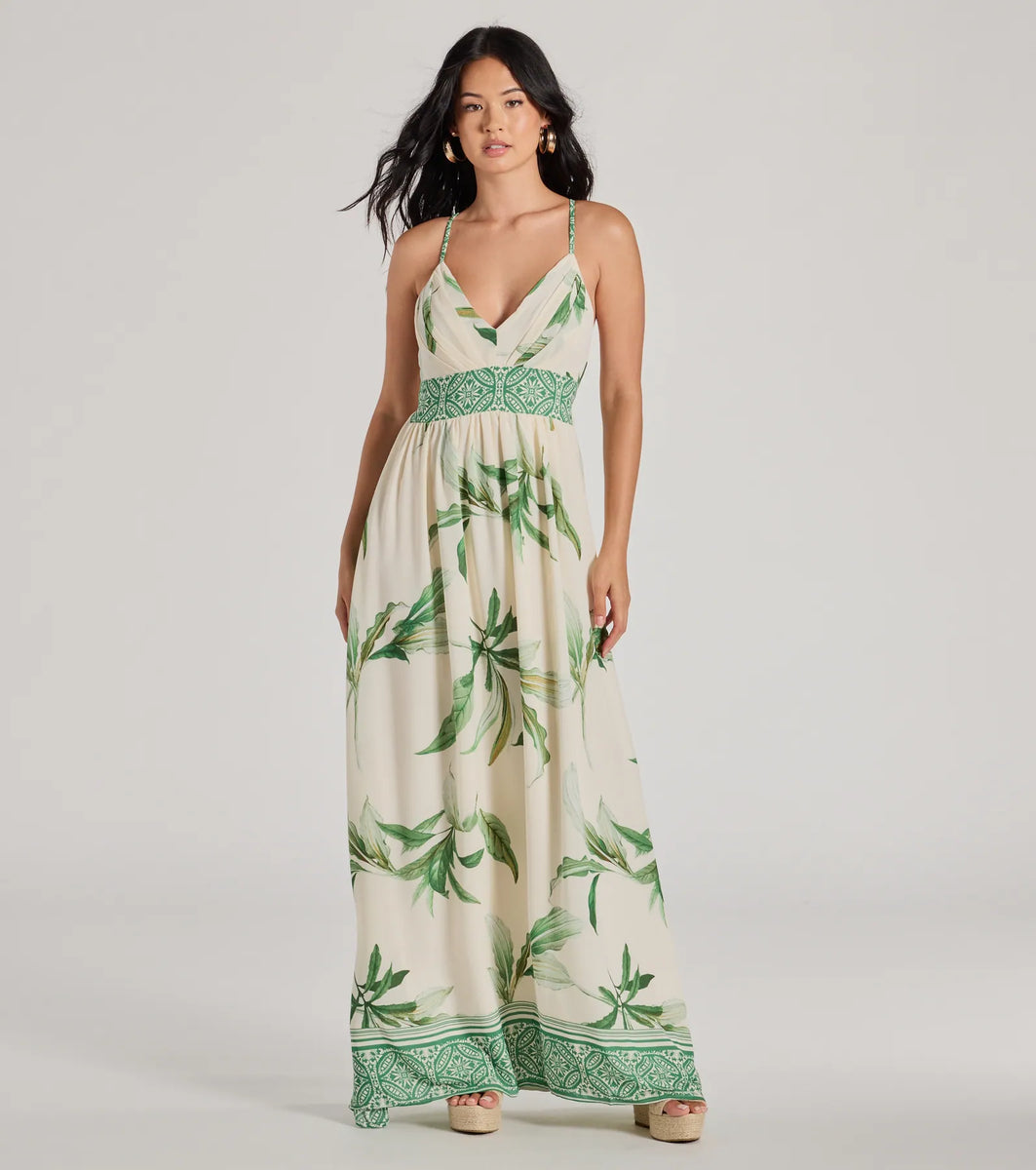 Fiji Feeling Sleeveless Lace-Up Tropical Maxi Dress