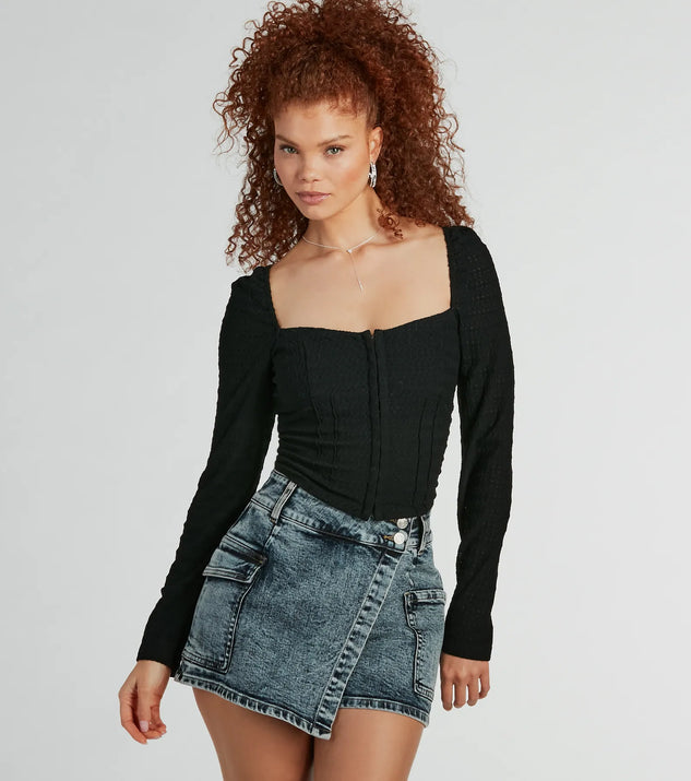 Whether fitted or flowy, the Sweet 'Fit Long Sleeve Textured Knit Corset Top is a long-sleeve top that offers endless styling options as a layer or a standalone piece to elevate your outfit for the season.