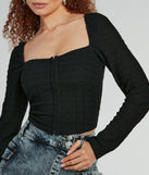 Whether fitted or flowy, the Sweet 'Fit Long Sleeve Textured Knit Corset Top is a long-sleeve top that offers endless styling options as a layer or a standalone piece to elevate your outfit for the season.