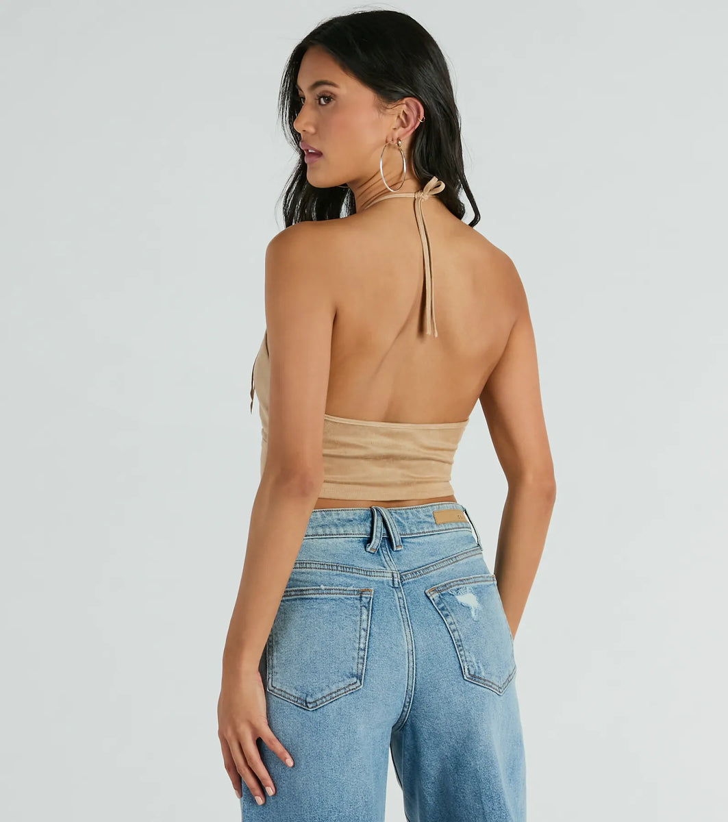 Festive Icon V-Neck Fringe Halter Faux Suede Crop Top