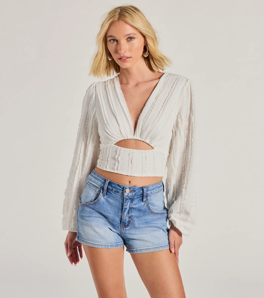 Romance Awaits Long Sleeve Ruffle Lace Trim Crop Top