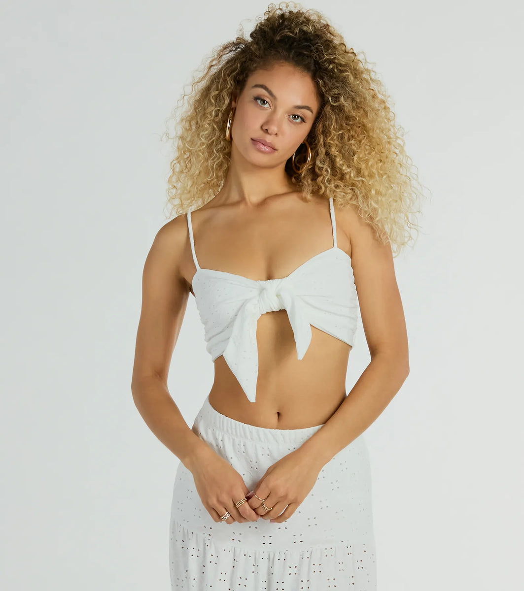 Spring Breeze Sweetheart Tie Eyelet Crop Top