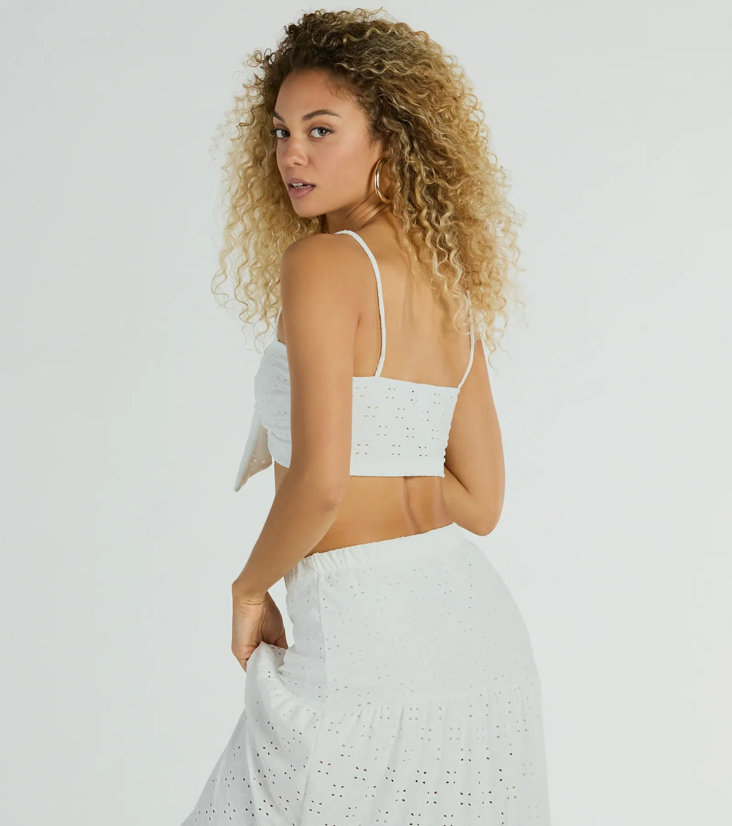 Spring Breeze Sweetheart Tie Eyelet Crop Top