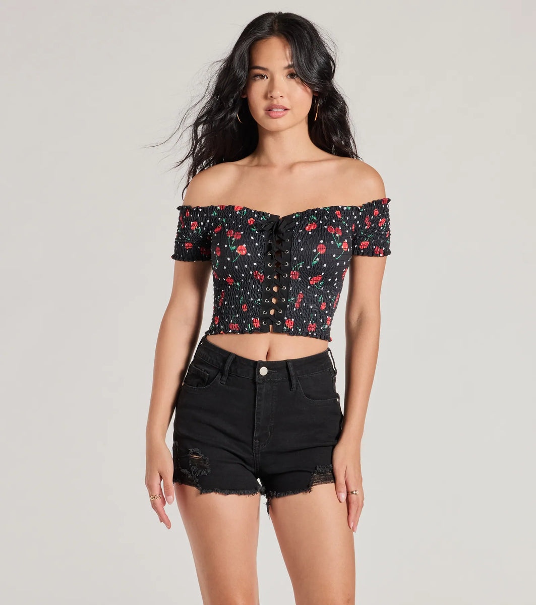 Sweet Like Cherries Lace-Up Off-The-Shoulder Top