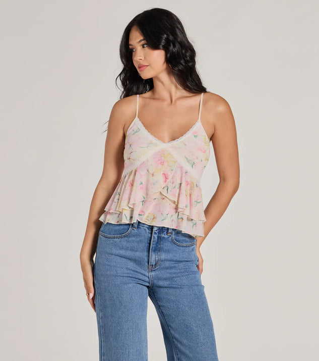 Flirty Ruffled Floral Mesh Lace Trim Top