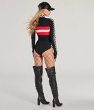 Back view of long sleeve racer bodysuit showcasing checkered detailing on sleeves, red and white racing stripes on the back, and a form-fitting style.